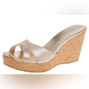 Jimmy Choo Metallic Patent Leather Prima Cork Wedge Platform Sandals Gold 39.5